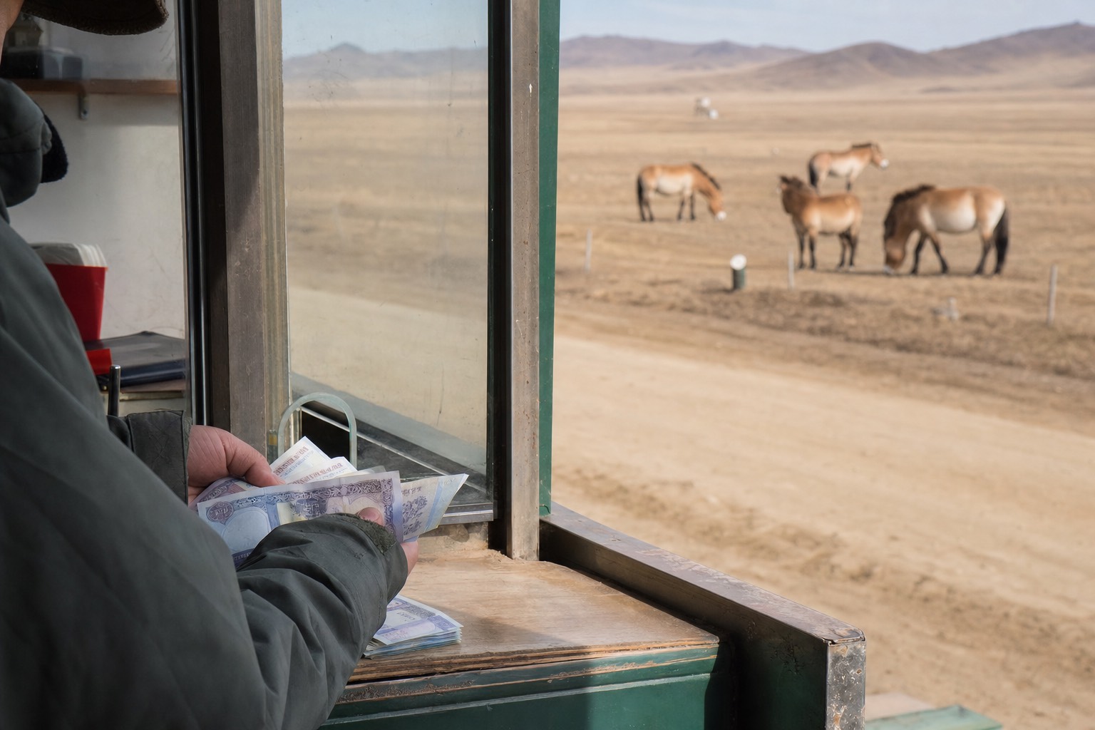 A hand counting Mongolian tögrög banknotes at a park headquarters window with the open Hustai steppe behind, budgeting a day trip from Ulaanbaatar