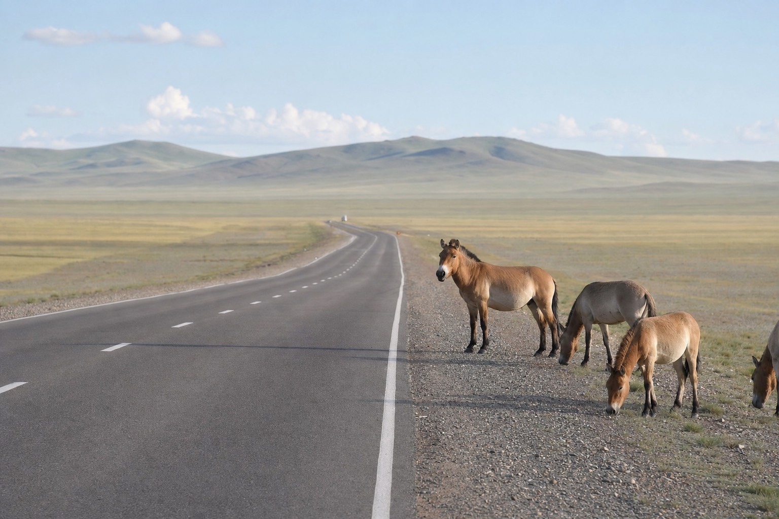 A paved highway running west from Ulaanbaatar across open Mongolian steppe under a wide sky, low hills on the horizon