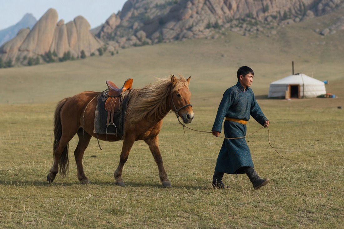 A Mongolian herder leading a saddled domestic horse with a flowing mane across open grassland near Terelj, a ger visible in the background